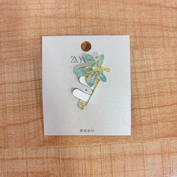 A06708 Elegant Light Blue Floral Safety Pin Brooch with Crystal Center
