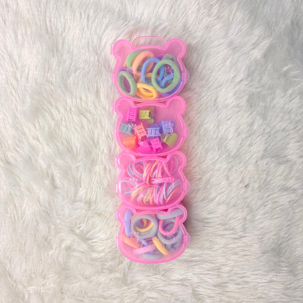 A06755 Multicolor Kids Hair Accessory Set in Bear-Shaped Storage Box – Hair Bands, Mini Claw Clips & Elastic Bands
