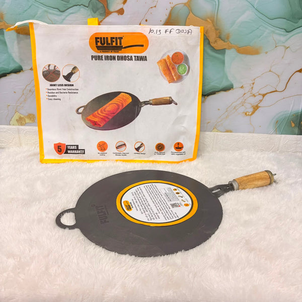 A06774 FULFIT Pure Iron Pre-Seasoned Dosa Tawa with Stay-Cool Wooden Handle (13 Inch, 3mm Thickness)