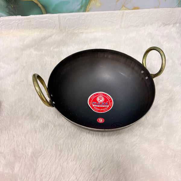 A06776 FULKA Pure Iron Heavy-Duty Kadai with Brass Handles – Size 9