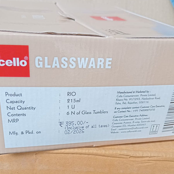 AM6555 Cello Rio K-Series Glass Tumbler Set, 215ml (Set of 6)