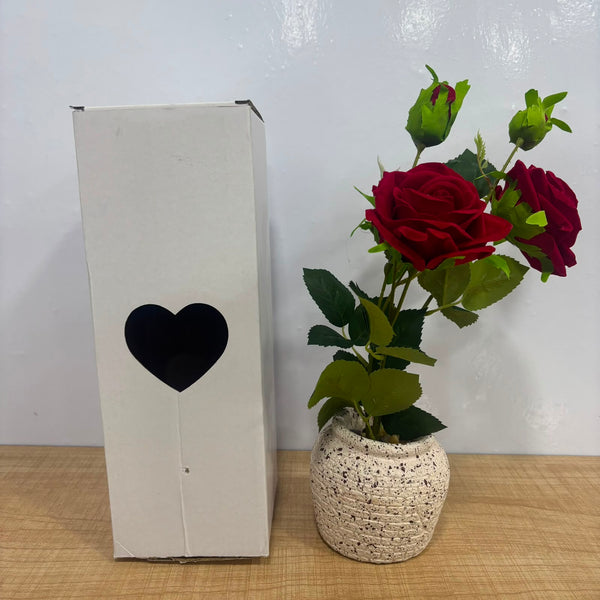 A06876 Artificial Red Rose Flower Bunch with Ceramic Textured Pot for Home & Table Decor