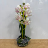 A06877 Artificial Pink & White Blooming Lily Plant in Textured Stone Pot for Home & Table Decor