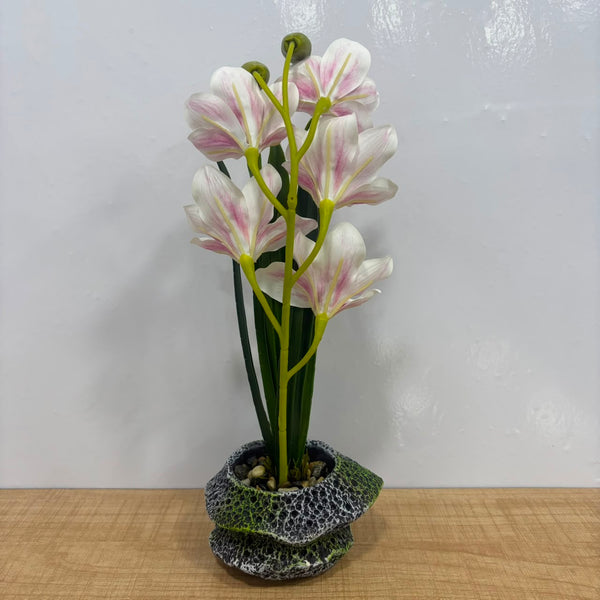 A06877 Artificial Pink & White Blooming Lily Plant in Textured Stone Pot for Home & Table Decor