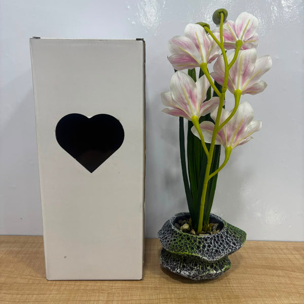 A06877 Artificial Pink & White Blooming Lily Plant in Textured Stone Pot for Home & Table Decor