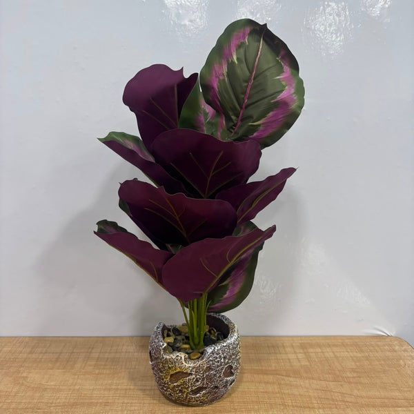 A06880 Artificial Purple & Green Calathea Decorative Desk Plant in Textured Stone Pot
