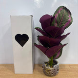 A06880 Artificial Purple & Green Calathea Decorative Desk Plant in Textured Stone Pot