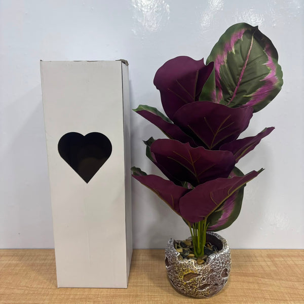A06880 Artificial Purple & Green Calathea Decorative Desk Plant in Textured Stone Pot