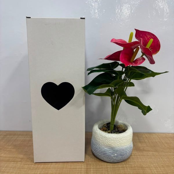 A06882 Artificial Red Anthurium Flower Plant in Textured Pot for Home & Office Decor