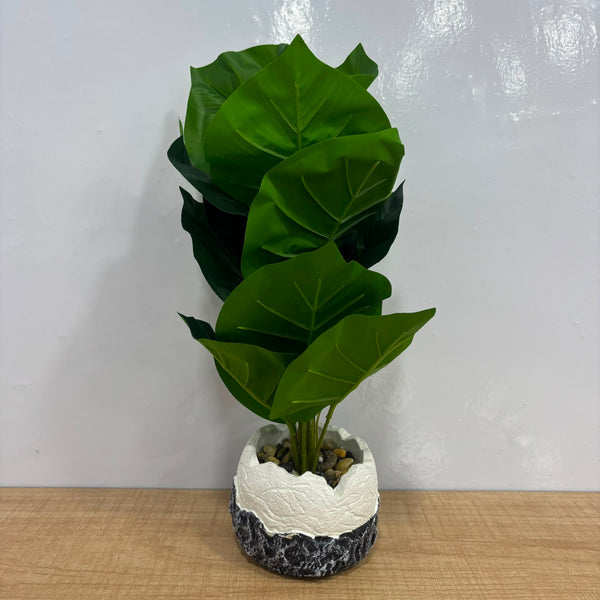 A06883 Artificial Large Green Leaves Plant with Decorative Stone Patterned Pot