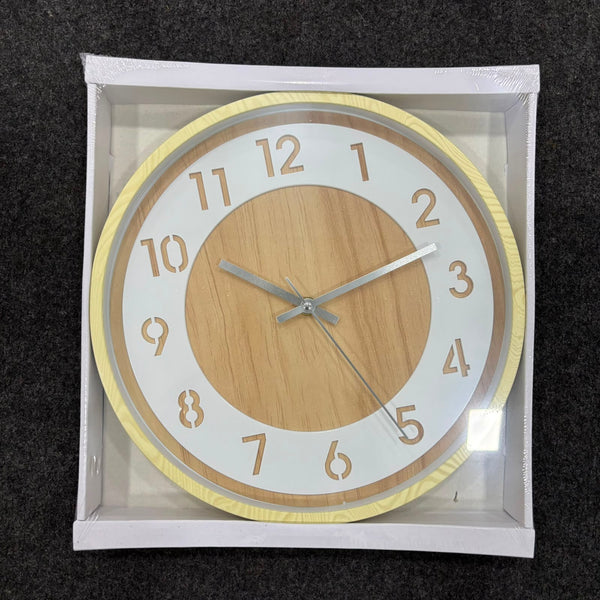 A06890 Modern Round Wooden Finish Wall Clock with Two-Tone Dial & Large Numerals