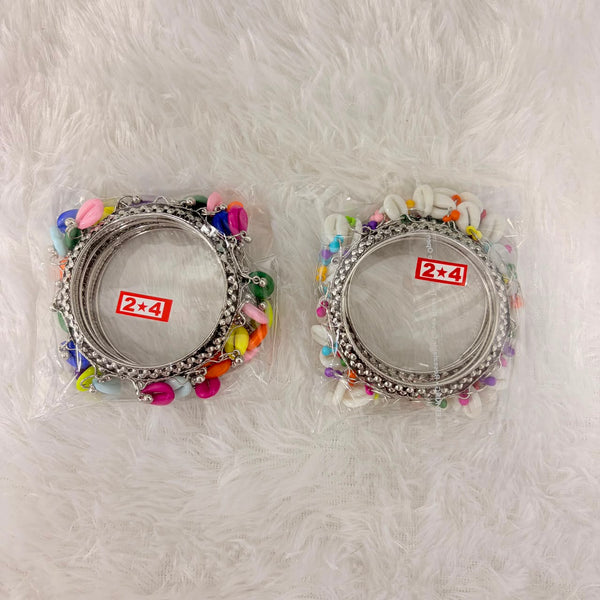 A06905 Oxidized Silver Multicolor Cowrie Shell Kada Bangles - 1 Pair (2 Bangles)