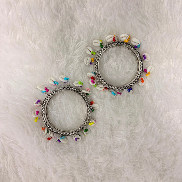 A06905 Oxidized Silver Multicolor Cowrie Shell Kada Bangles - 1 Pair (2 Bangles)