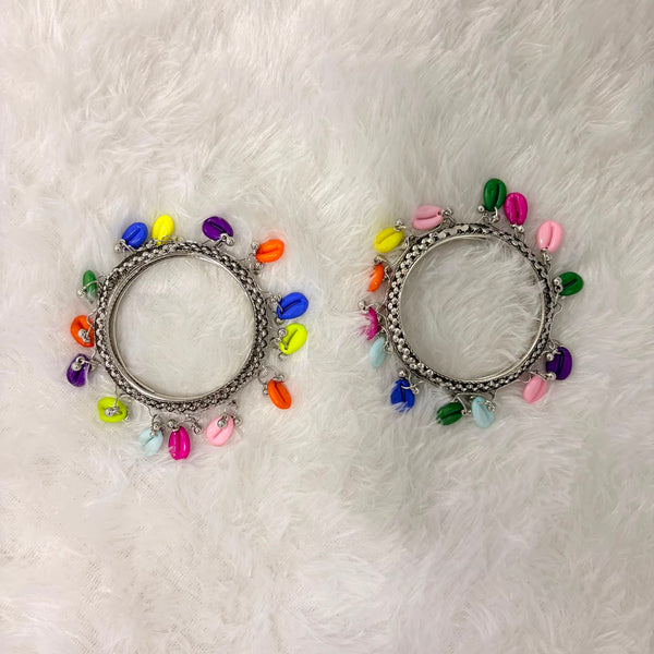 A06905 Oxidized Silver Multicolor Cowrie Shell Kada Bangles - 1 Pair (2 Bangles)