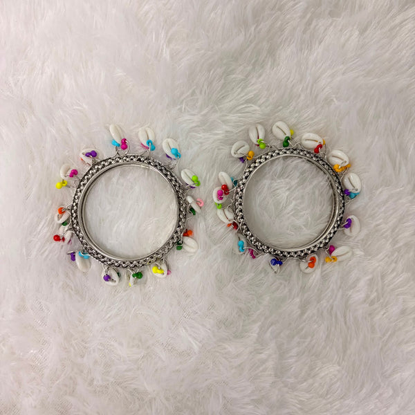 A06905 Oxidized Silver Multicolor Cowrie Shell Kada Bangles - 1 Pair (2 Bangles)