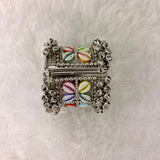 A06906 Oxidised Silver-Plated Multicolor Cowrie Shell & Ghungroo Broad Cuff Bangle