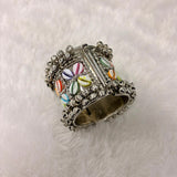 A06906 Oxidised Silver-Plated Multicolor Cowrie Shell & Ghungroo Broad Cuff Bangle