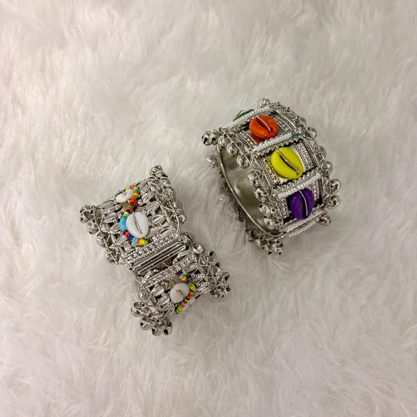 A06907 Oxidized Silver-Plated Boho Cuff Bangle with Colorful Shells & Ghungroo Bells