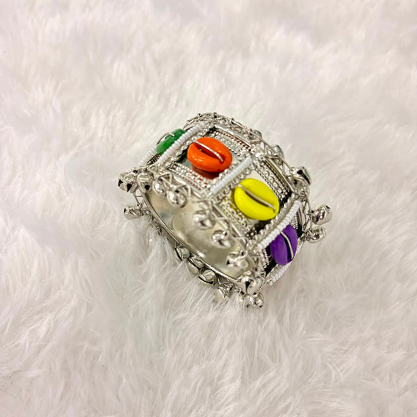 A06907 Oxidized Silver-Plated Boho Cuff Bangle with Colorful Shells & Ghungroo Bells