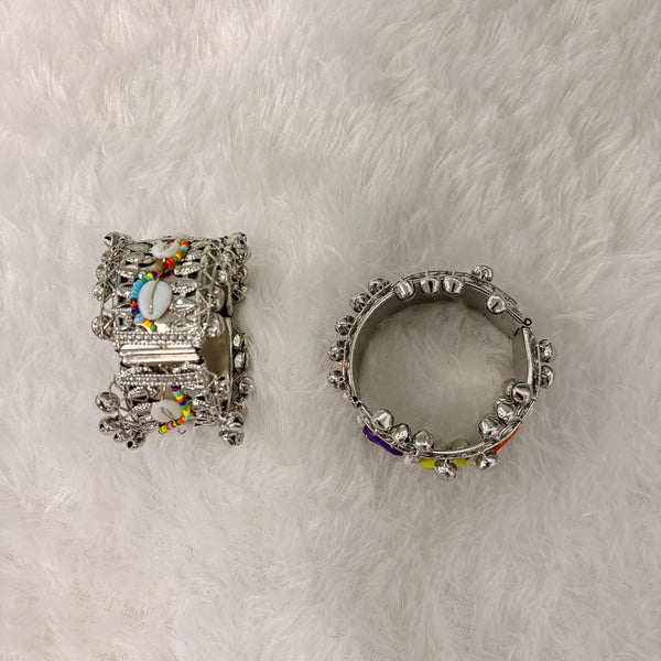 A06907 Oxidized Silver-Plated Boho Cuff Bangle with Colorful Shells & Ghungroo Bells