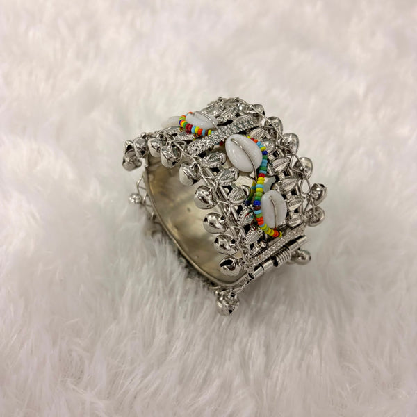 A06907 Oxidized Silver-Plated Boho Cuff Bangle with Colorful Shells & Ghungroo Bells