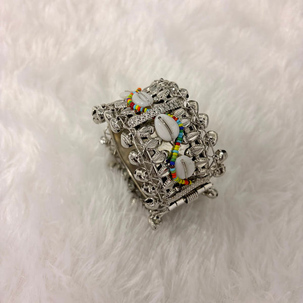 A06907 Oxidized Silver-Plated Boho Cuff Bangle with Colorful Shells & Ghungroo Bells