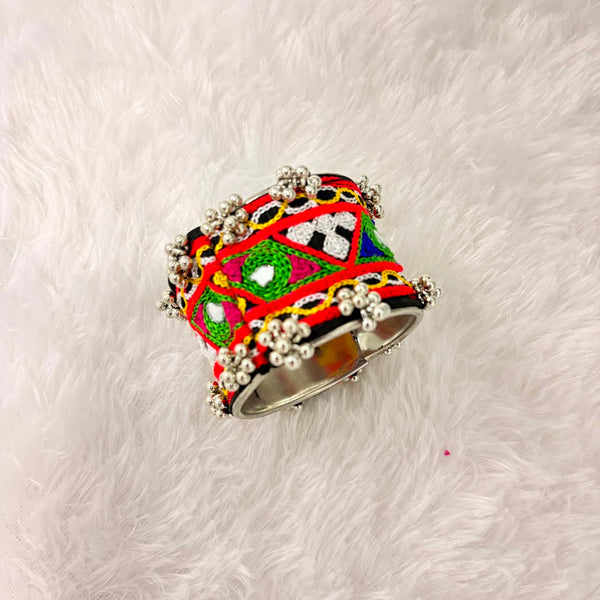 A06908 Handcrafted Kutchi Embroidered Broad Metal Cuff Bracelet with Mirror Work & Ghungroo