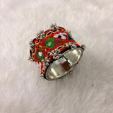 A06908 Handcrafted Kutchi Embroidered Broad Metal Cuff Bracelet with Mirror Work & Ghungroo