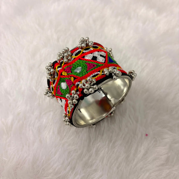 A06908 Handcrafted Kutchi Embroidered Broad Metal Cuff Bracelet with Mirror Work & Ghungroo