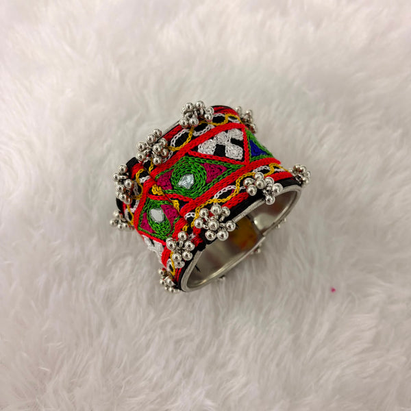 A06908 Handcrafted Kutchi Embroidered Broad Metal Cuff Bracelet with Mirror Work & Ghungroo