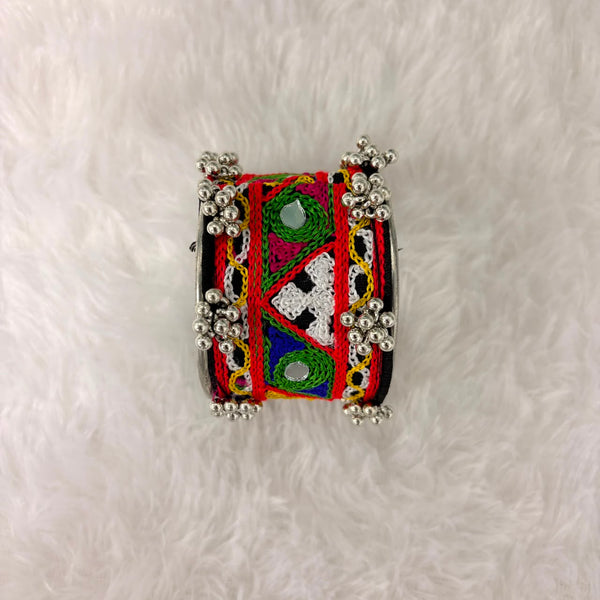 A06908 Handcrafted Kutchi Embroidered Broad Metal Cuff Bracelet with Mirror Work & Ghungroo