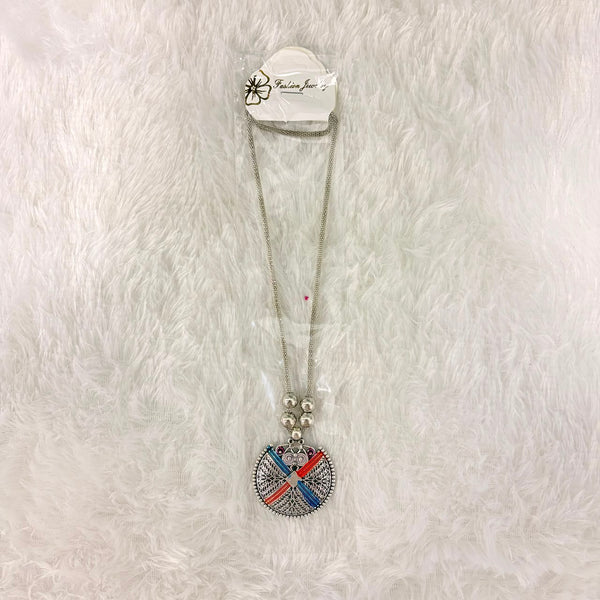 A06909 Oxidised Silver Boho Pendant Necklace with Colorful Enamel Work for Women & Girls