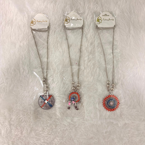 A06909 Oxidised Silver Boho Pendant Necklace with Colorful Enamel Work for Women & Girls
