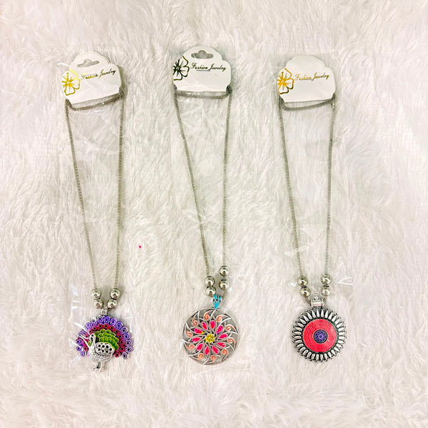 A06909 Oxidised Silver Boho Pendant Necklace with Colorful Enamel Work for Women & Girls