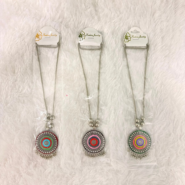 A06910 Multicolor Oxidized Silver German Silver Style Round Mandala Pendant Long Chain Necklace
