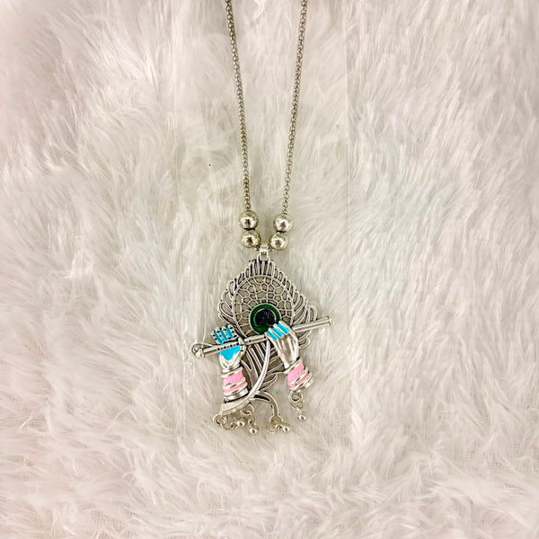 A06912 Oxidized Silver Lord Krishna Bansuri & Peacock Feather Pendant Chain Necklace