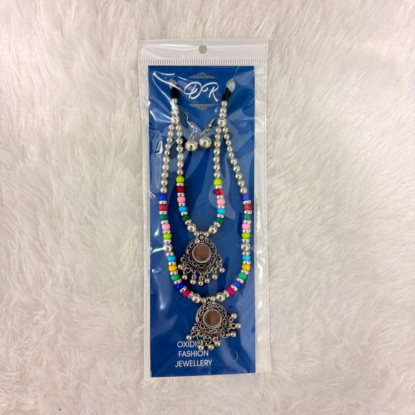 A06915 Oxidised Silver Multicolor Beaded Mirror Necklace Set with Matching Earrings