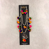 A06918 Multicolor Fabric Pom-Pom Oxidised Silver Mirror Work Boho Long Necklace Set for Women & Girls