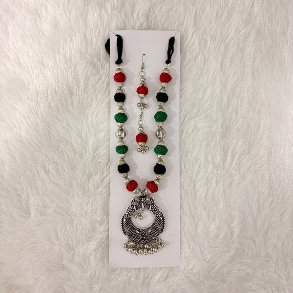 A06919 Handcrafted Oxidized Silver & Thread Bead Jewellery Set with Earrings