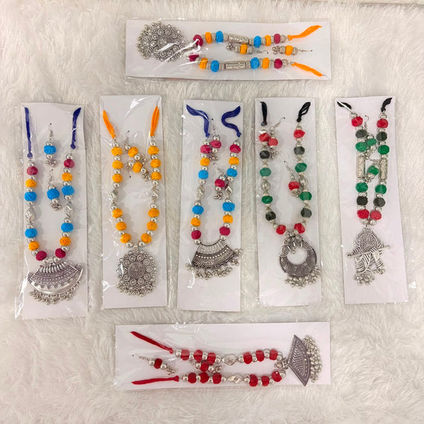 A06919 Handcrafted Oxidized Silver & Thread Bead Jewellery Set with Earrings