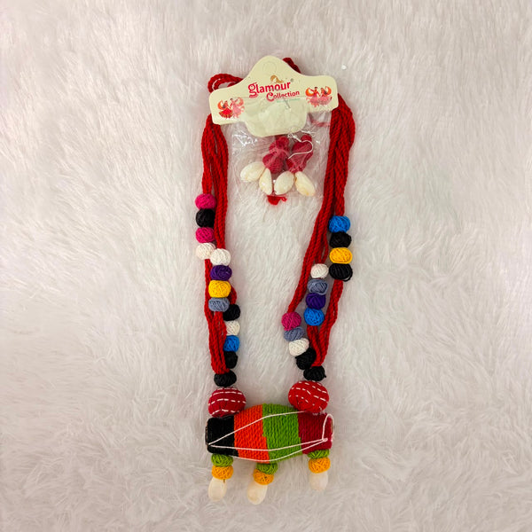A06920 Handmade Multicolor Fabric Thread Necklace Set with Matching Cowrie Shell Earrings