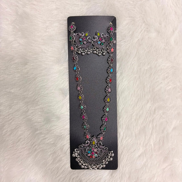 A06921 Traditional Oxidized Silver Multicolor Stone Long Necklace Set with Matching Earrings