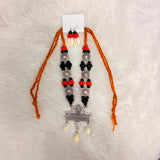 A06923 Ethno-Tribal Oxidized Silver Long Necklace & Earring Set with Cowrie Shell Drops