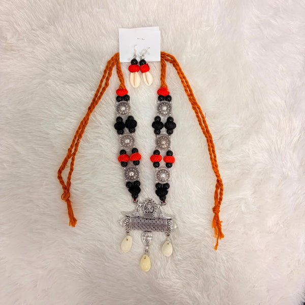 A06923 Ethno-Tribal Oxidized Silver Long Necklace & Earring Set with Cowrie Shell Drops