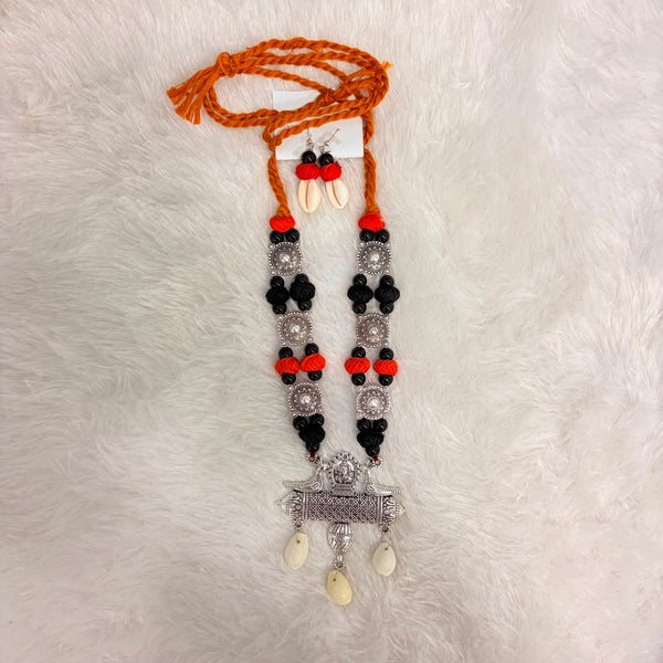 A06923 Ethno-Tribal Oxidized Silver Long Necklace & Earring Set with Cowrie Shell Drops