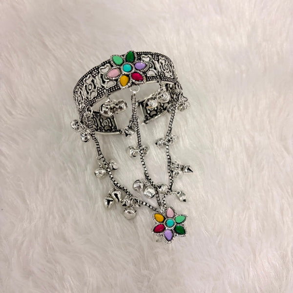 A06924 Oxidised Silver Multicolor Floral Haathphool Bracelet with Ring & Ghungroos