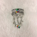 A06924 Oxidised Silver Multicolor Floral Haathphool Bracelet with Ring & Ghungroos