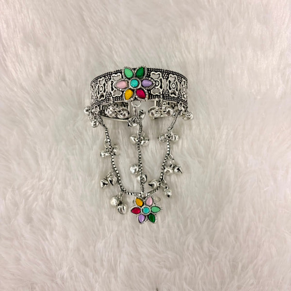 A06924 Oxidised Silver Multicolor Floral Haathphool Bracelet with Ring & Ghungroos