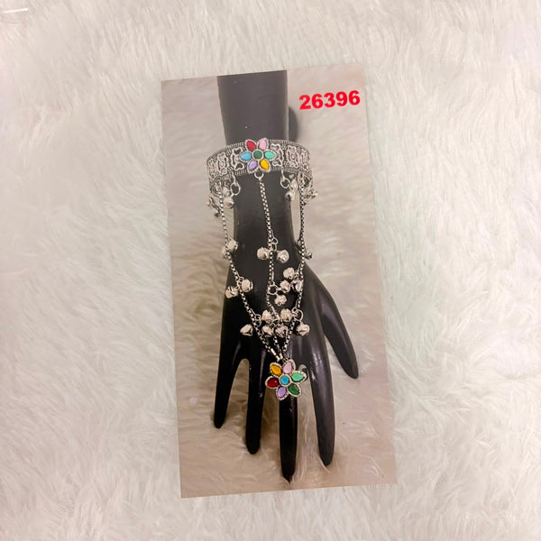 A06924 Oxidised Silver Multicolor Floral Haathphool Bracelet with Ring & Ghungroos