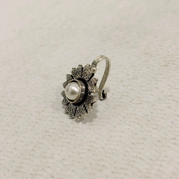 A06926 Traditional Silver Oxidized Floral Nose Pin with Multicolor Stones